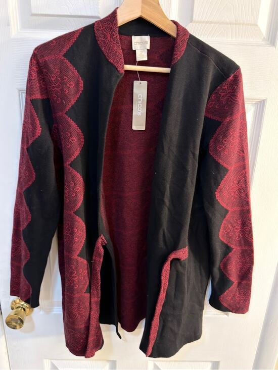 Chico's Sweaters - Chico's Open-Front Black Cardigan with Wine Red Patterned Accents 2 NWT